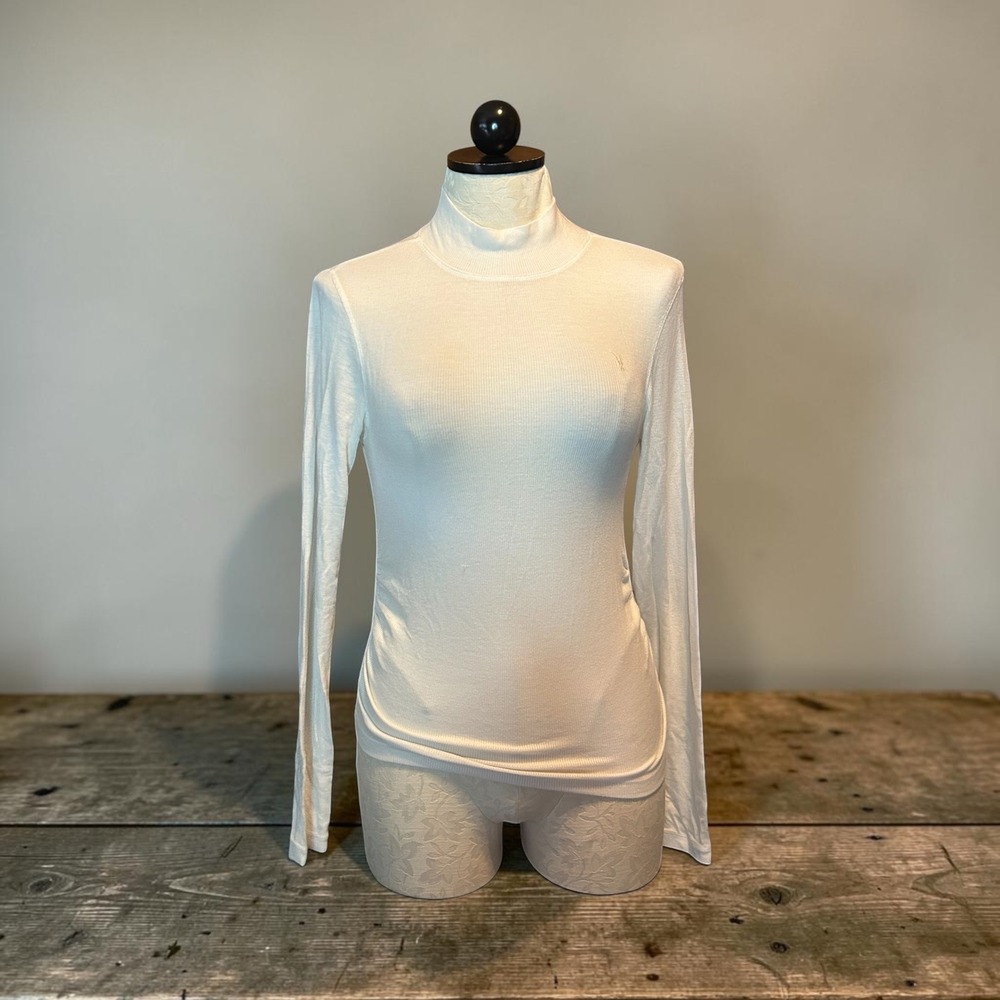 AllSaints Francesco Rina Roll Neck White Ribbed Long Sleeve Top US 8 Logo‎